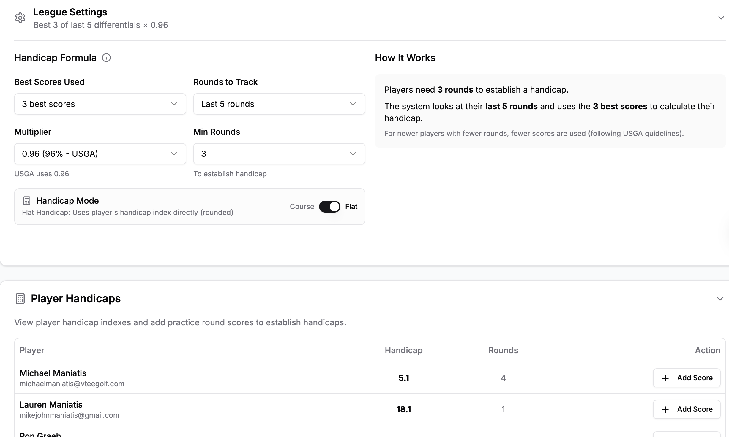 Handicap tracking showing player index calculations