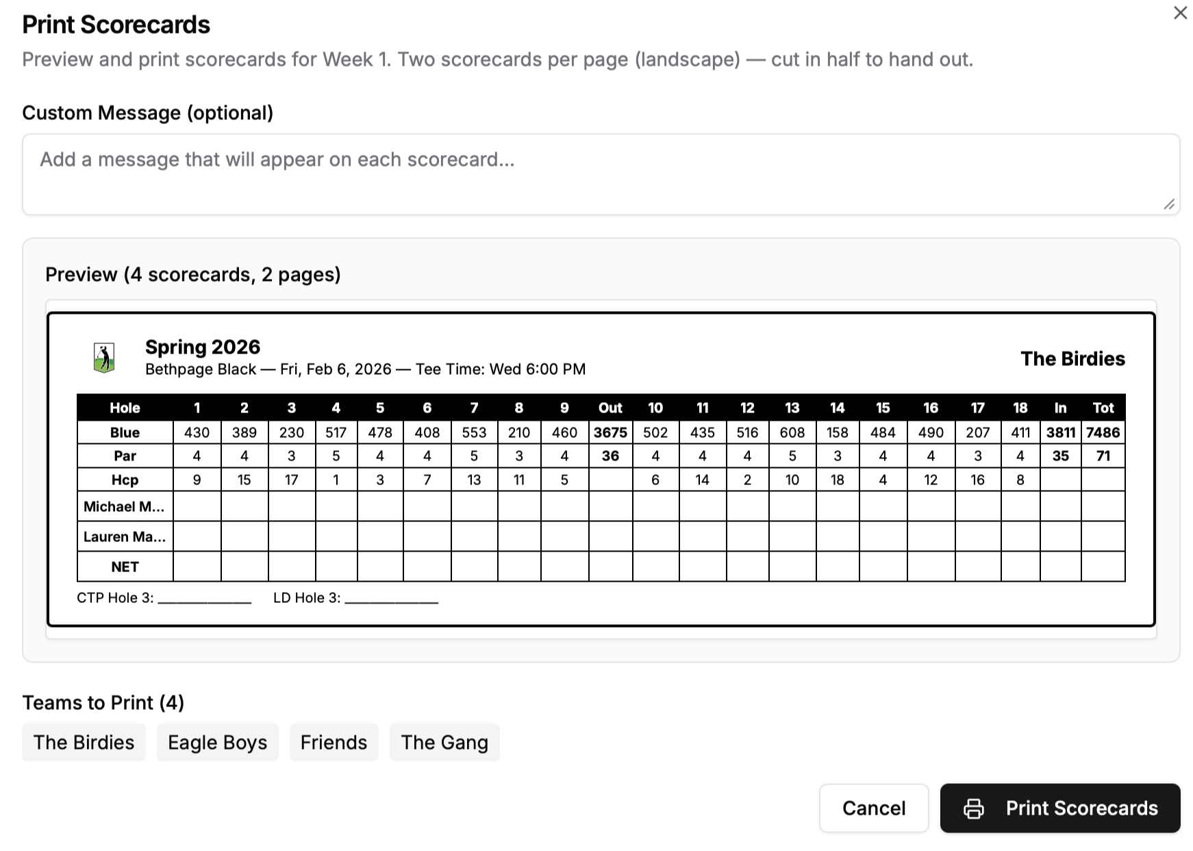 Printable scorecard with course and team details